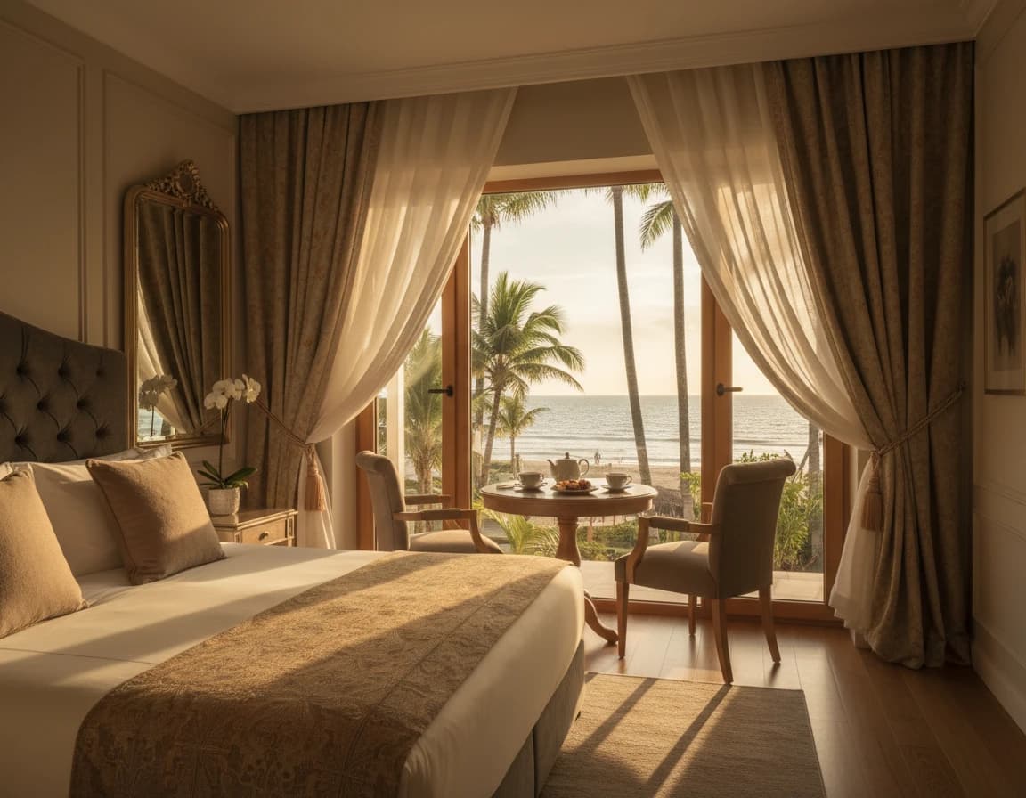 Elegant oceanfront resort bedroom with floor-to-ceiling silk drapes tied back, opening to a private balcony with tea seating over the ocean.