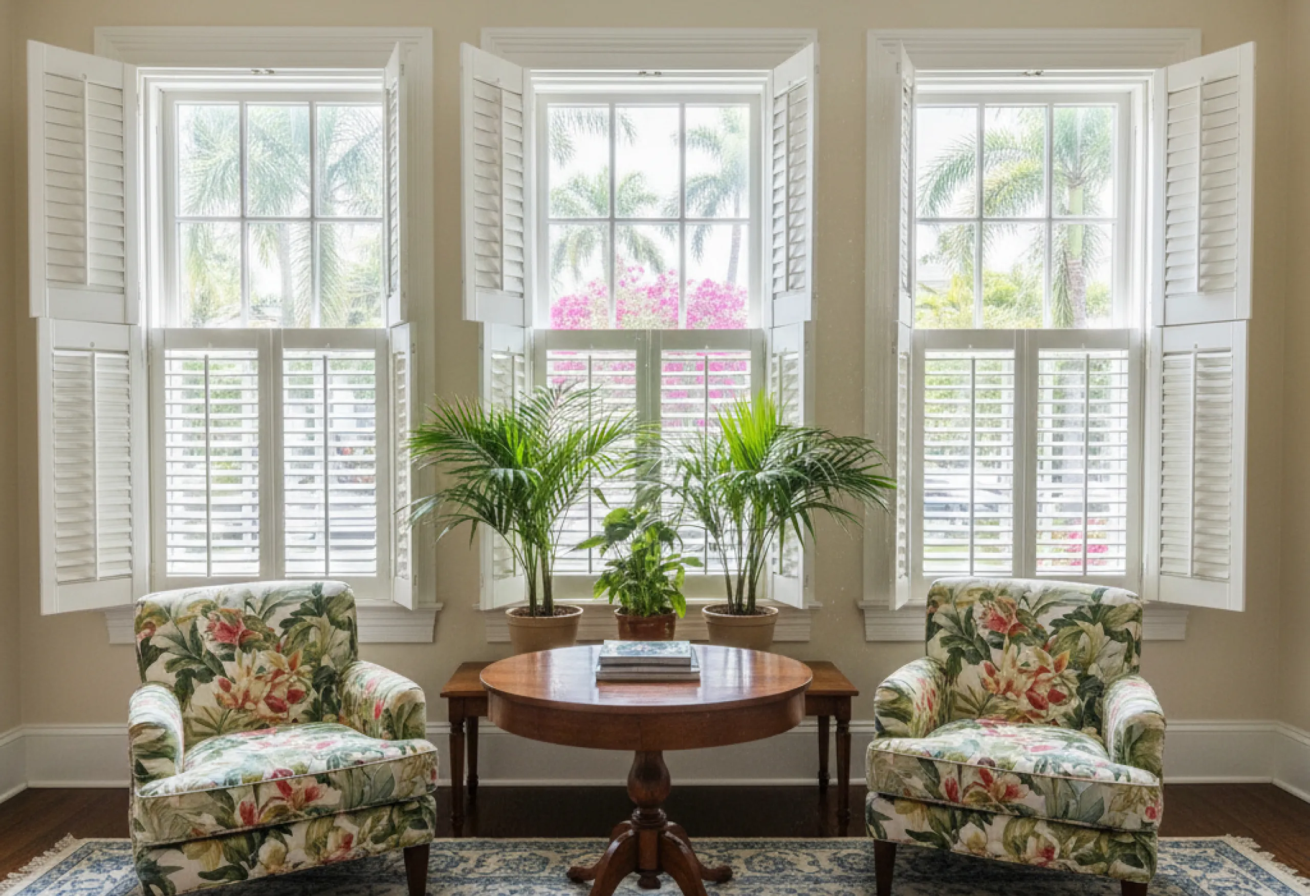 plantation-shutters-sitting-room-white-floral-chairs-palms@4x